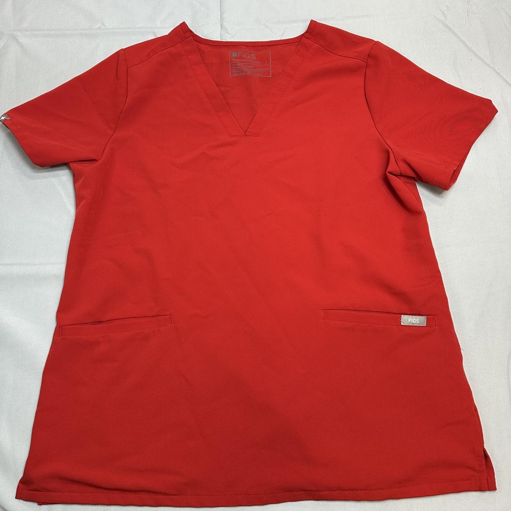 FIGS Shirt Womens Large Red V Neck Medical Scrub Tunic Top Technical Pockets